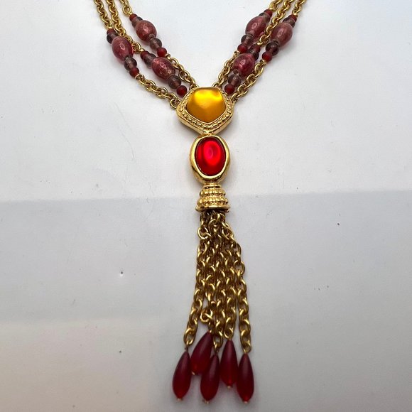 Monet Jewelry - Monet Vintage Triple Strand Glass Bead Accent Tassel Necklace